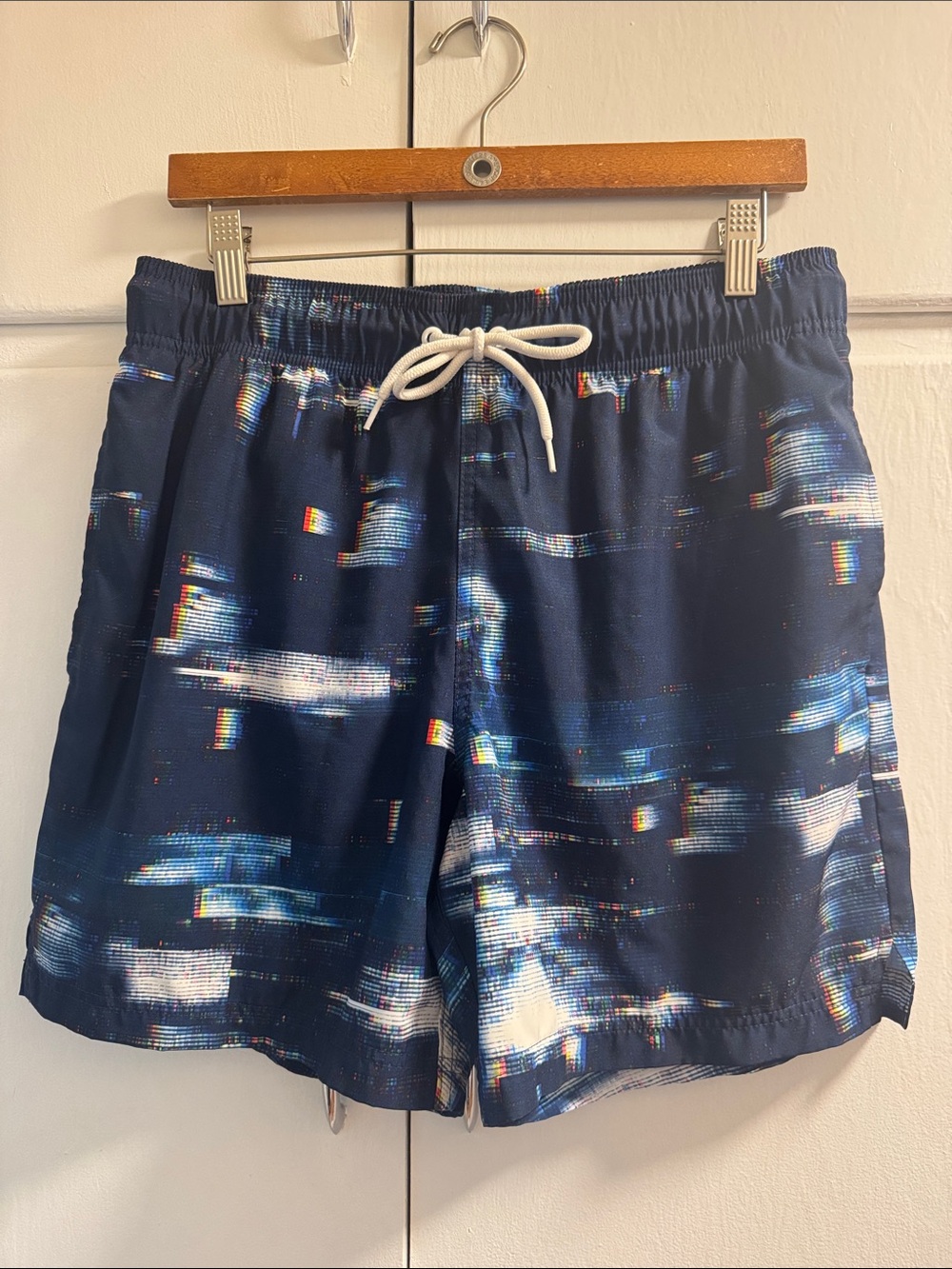 George Navy Pixelated Print Swim Shorts with White Drawstring
